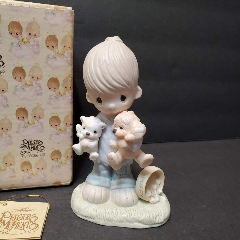 Precious Moments Figurine, Blessed Are the Peacemakers, Boy with Cat Dog, 1979